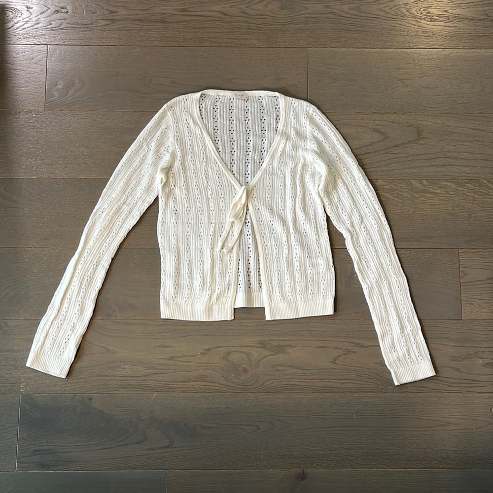 Tie front white sweater cardigan long sleeve lightweight soft knit john galt